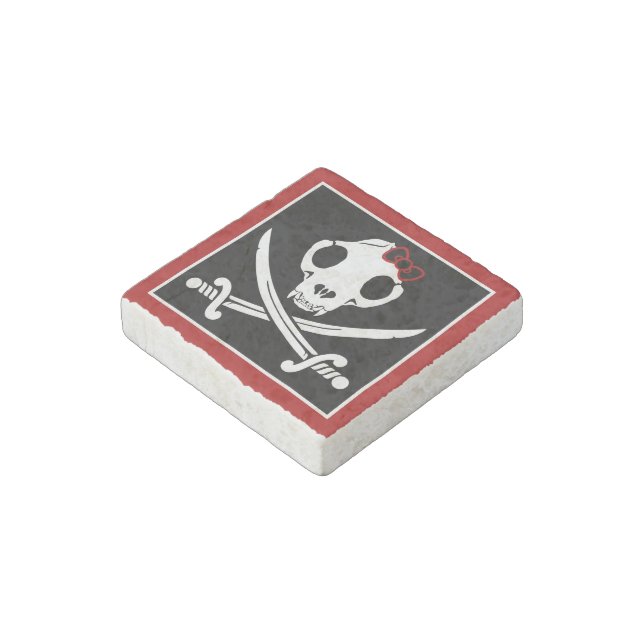 Funny Black White Jolly Kitty Pirate Skull Bones Stone Magnet (Angled)