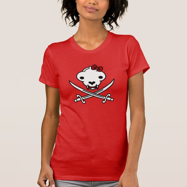 Funny Black White Jolly Kitty Pirate Skull Bones T-Shirt (Front)