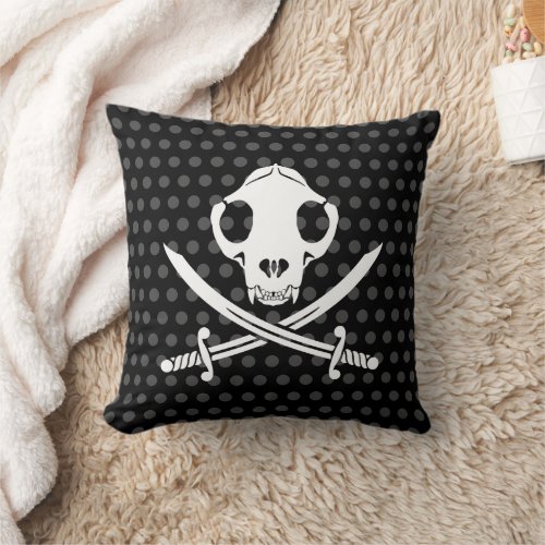Funny Black White Jolly Kitty Pirate Skull Bones Throw Pillow