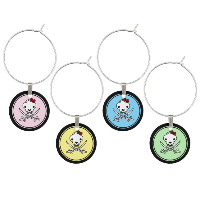 Funny Black White Jolly Kitty Pirate Skull Bones Wine Charm (Staggered)