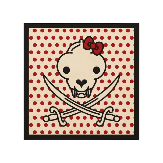 Funny Black White Jolly Kitty Pirate Skull Bones Wood Wall Art (Front)