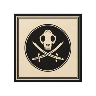 Funny Black White Jolly Kitty Pirate Skull Bones Wood Wall Art
