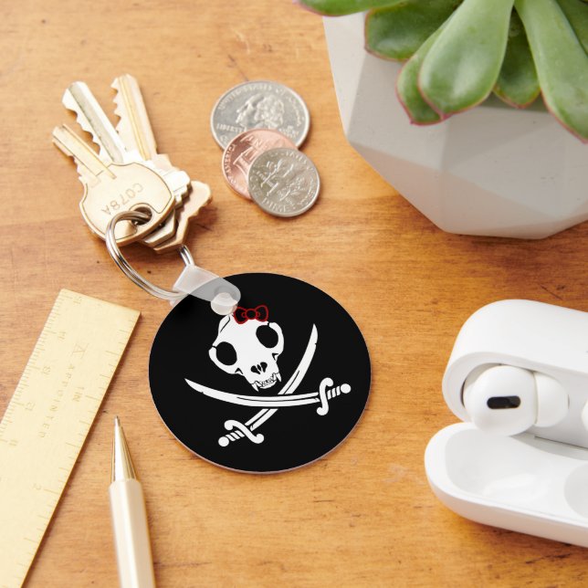 Funny Black White Jolly Kitty Pirate Skull Sabers Keychain (Desk)