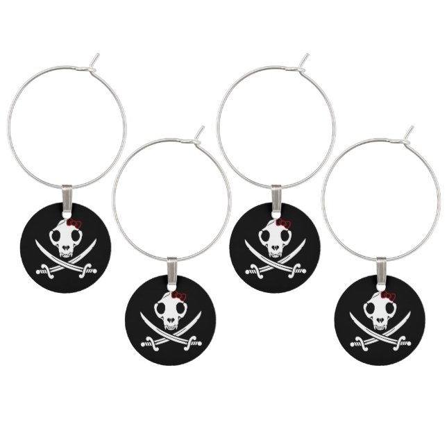 Funny Black White Jolly Kitty Pirate Skull Sabers Wine Charm (Staggered)
