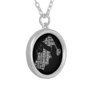 Funny Black White Merry Christmas Santa Typography Silver Plated Necklace