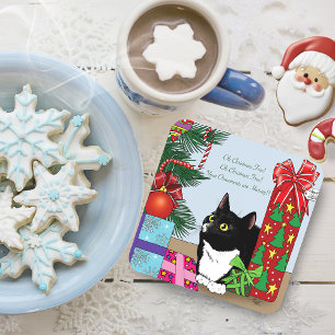 Funny Black White Tuxedo Cat Christmas Tree Coaster