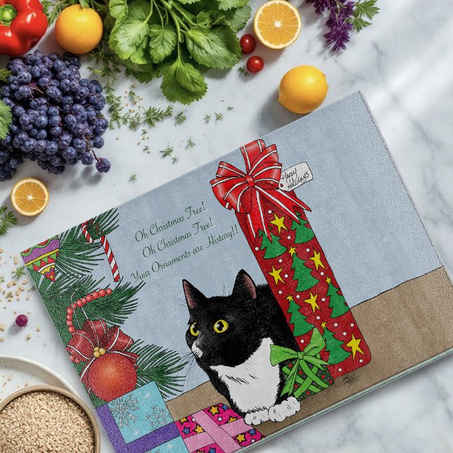 Funny Black  White Tuxedo Cat Christmas Tree Cutting Board (Creator Uploaded)