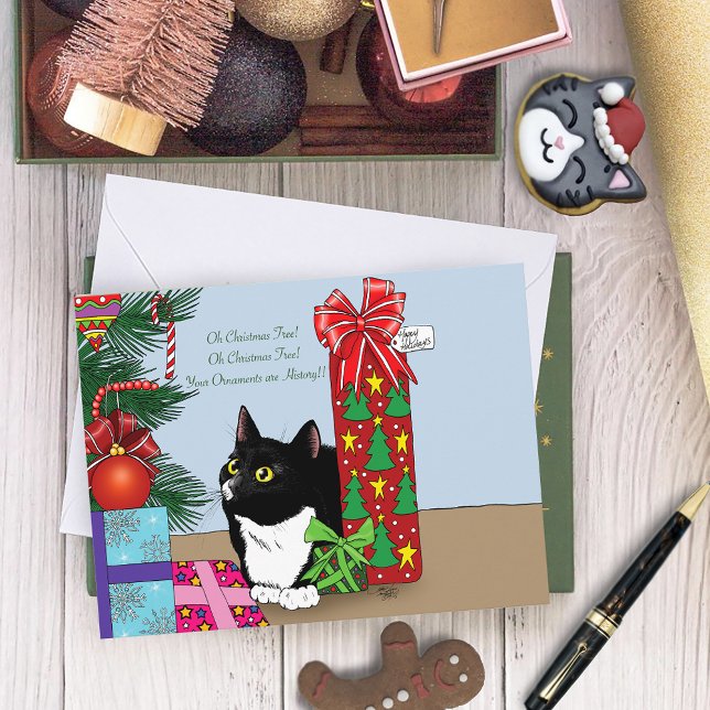 Funny Black  White Tuxedo Cat Christmas Tree Holiday Postcard (Creator Uploaded)