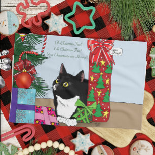 Funny Black  White Tuxedo Cat Christmas Tree Kitchen Towel