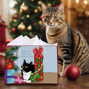 Funny Black  White Tuxedo Cat Christmas Tree Large Gift Bag