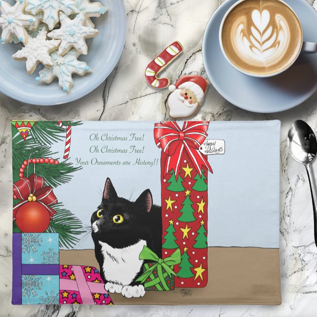Funny Black  White Tuxedo Cat Christmas Tree Placemat (Creator Uploaded)