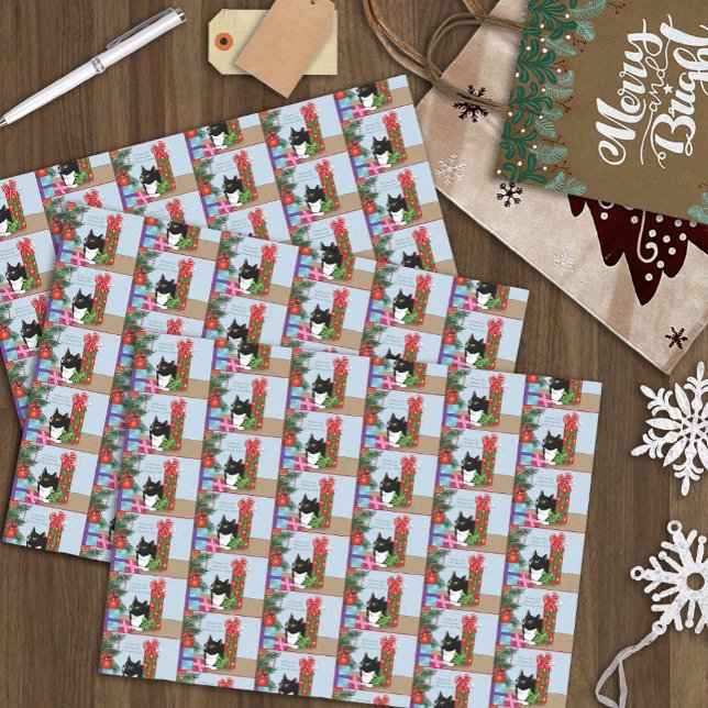 Funny Black  White Tuxedo Cat Christmas Tree Tissue Paper (Creator Uploaded)