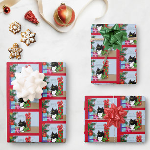 Funny Black  White Tuxedo Cat Christmas Tree Wrapping Paper Sheets