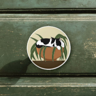 Funny Black White Tuxedo Cat Sleeping Houseplant Ceramic Knob