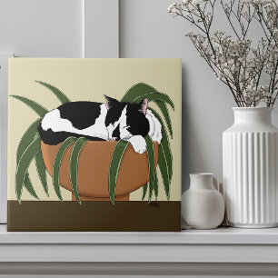 Funny Black White Tuxedo Cat Sleeping  Houseplant Ceramic Tile