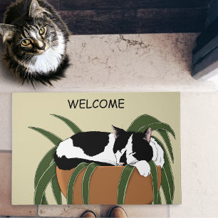 Funny Black White Tuxedo Cat Sleeping  Houseplant Doormat