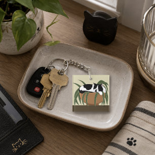 Funny Black White Tuxedo Cat Sleeping Houseplant Keychain