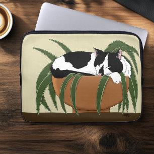 Funny Black White Tuxedo Cat Sleeping Houseplant Laptop Sleeve