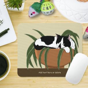 Funny Black White Tuxedo Cat Sleeping Houseplant Mouse Pad