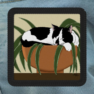 Funny Black White Tuxedo Cat Sleeping Houseplant Patch