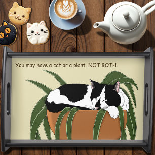 Funny Black White Tuxedo Cat Sleeping Houseplant Serving Tray