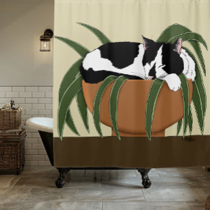Funny Black White Tuxedo Cat Sleeping  Houseplant Shower Curtain