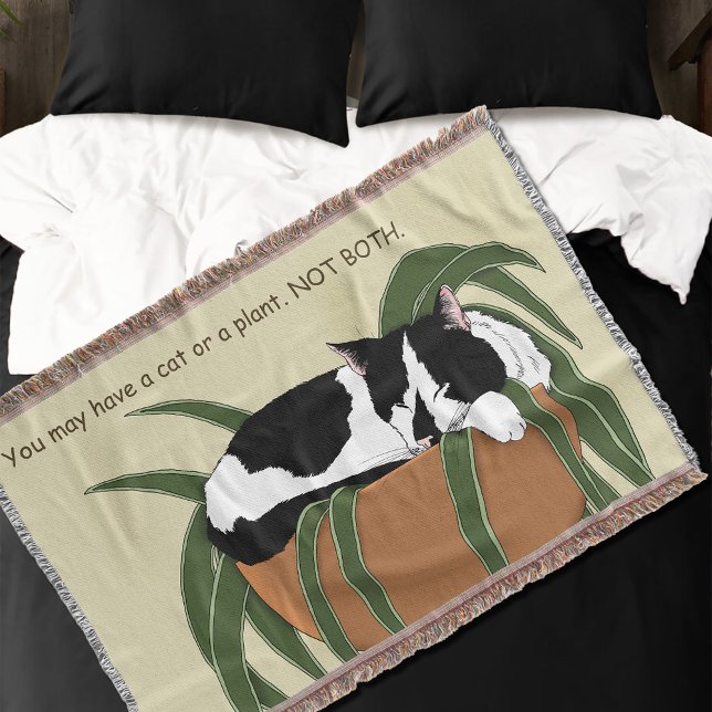 Funny Black White Tuxedo Cat Sleeping  Houseplant Throw Blanket (Creator Uploaded)