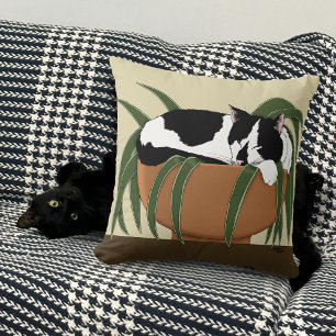 Funny Black White Tuxedo Cat Sleeping  Houseplant Throw Pillow