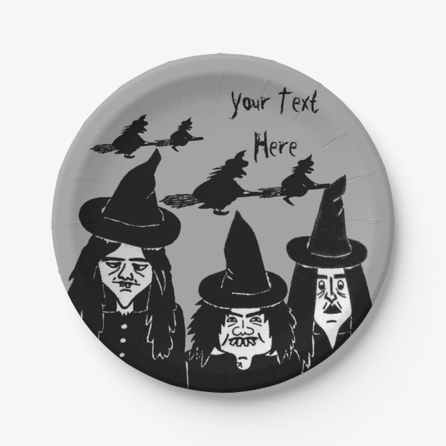 funny black witches spooky scary halloween design paper plates (Front)