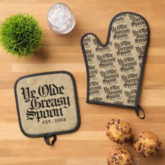 Funny Blackletter Script Ye Olde Greasy Spoon Mitt & Potholder Set