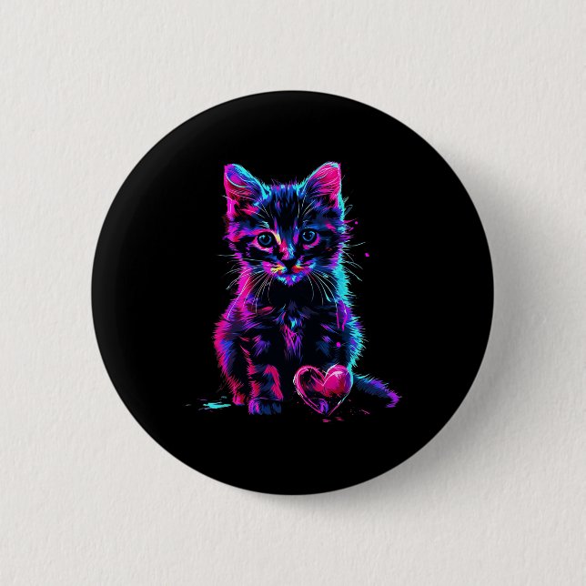 Funny Blacklight Glitch Art Cute Cat Kitten Valent Button (Front)
