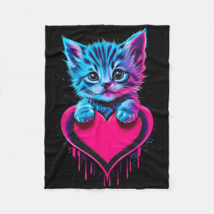 Funny Blacklight Glitch Art Cute Cat Kitten Valent Fleece Blanket