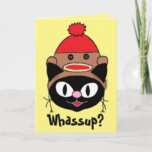 Funny Blank Inside Cartoon Cat w Sock Monkey Hat Card