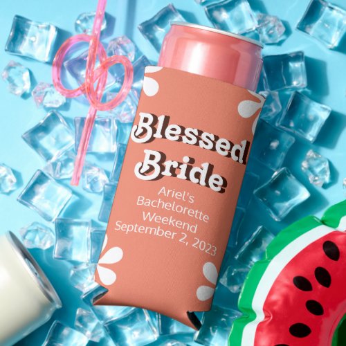 Funny Blessed Bride Retro 70s Bachelorette   Seltzer Can Cooler