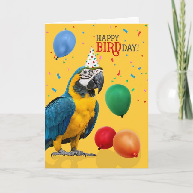 Funny Blue and Gold Macaw Parrot Birthday Card (Front)