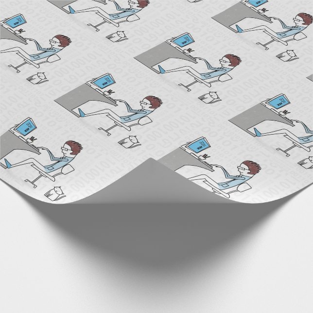 Funny Blue and Gray Computer Nerd with Cat Wrapping Paper (Corner)