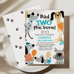 Funny Blue Bad Two The Bone Dogs 2nd Birthday Invitation<br><div class="desc">Funny Blue Bad Two The Bone Dogs 2nd Birthday Invitation

Cute and funny cartoon like dog themed 2nd birthday invitation featuring various dogs,  some balloons,  party hats and a bone illustrations. The back features a black and white paw pattern.</div>