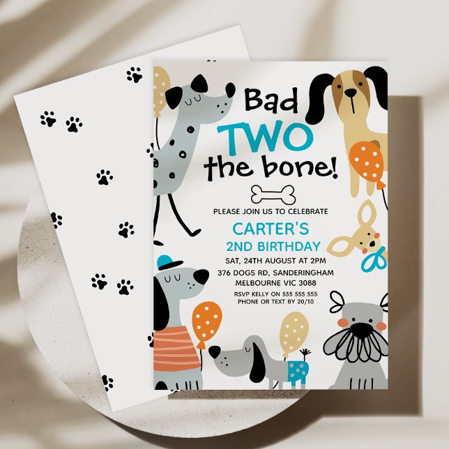 Funny Blue Bad Two The Bone Dogs 2nd Birthday Invitation (Editable Dog Bad 2 the Bone Birthday Invitation, Bad Two the Bone Birthday Invitation Template, Dogs)