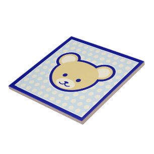Funny Blue Beige Teddy Bear Cute Cartoon Art Ceramic Tile