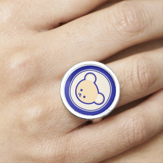 Funny Blue Beige Teddy Bear Cute Cartoon Art Ring (In Situ)