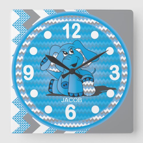 Funny Blue Cartoon Elephant Square Wall Clock