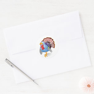 Funny Blue Cartoon Turkey with Patriotic Feathers  Classic Round Sticker