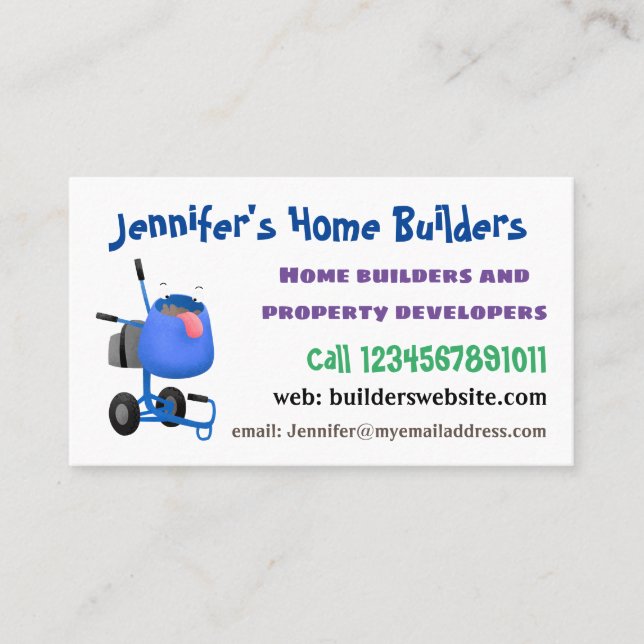 Funny blue cement mixer cartoon illustration business card (Front)