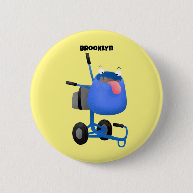 Funny blue cement mixer cartoon illustration button (Front)
