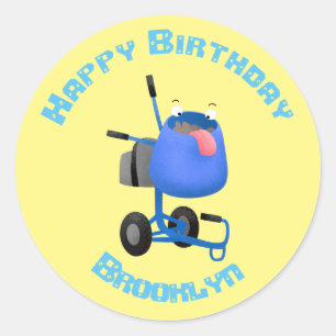 Funny blue cement mixer cartoon illustration classic round sticker
