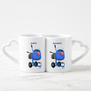 Funny blue cement mixer cartoon illustration coffee mug set