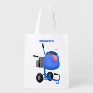 Funny blue cement mixer cartoon illustration grocery bag
