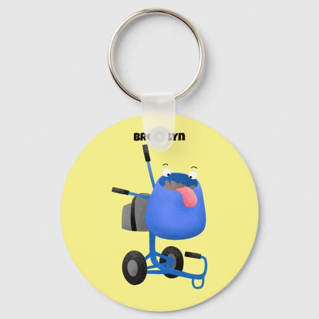 Funny blue cement mixer cartoon illustration keychain (Front)