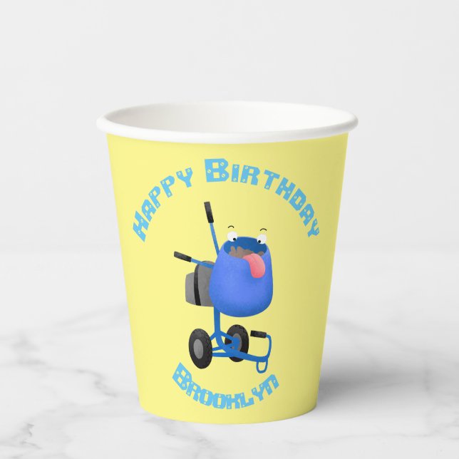 Funny blue cement mixer cartoon illustration paper cups (Front)