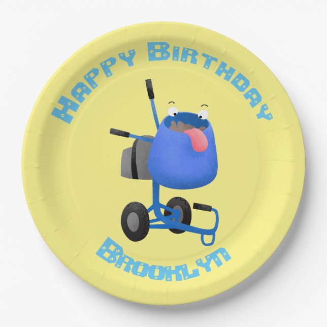 Funny blue cement mixer cartoon illustration paper plates (Front)